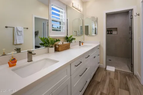 a bathroom with double vanity sink a mirror and shower