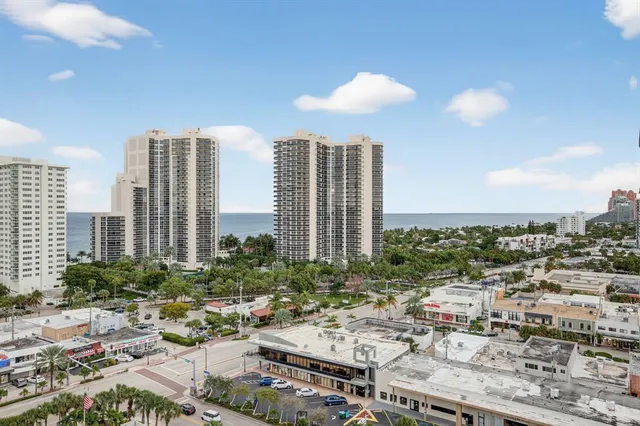 a city view with tall buildings