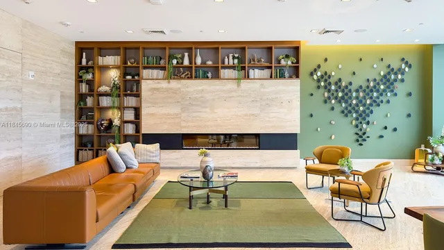 a living room with furniture and garden view