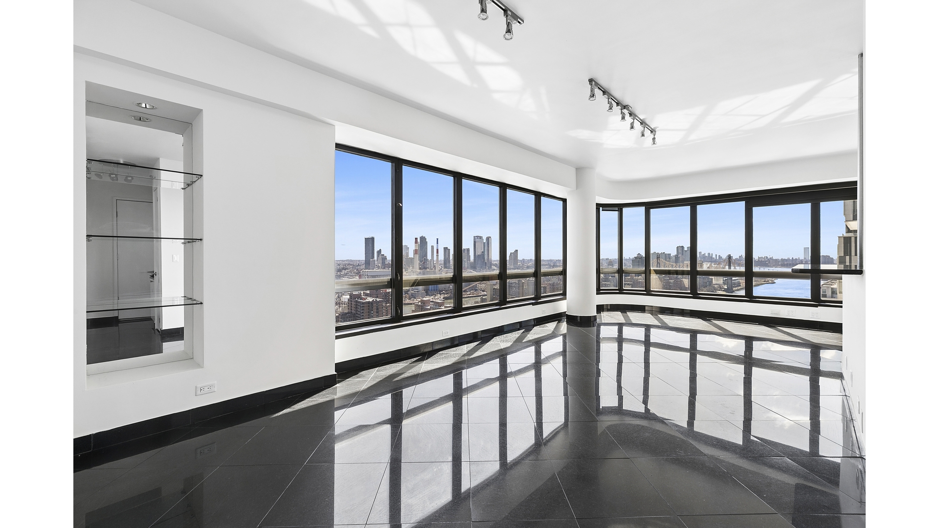 a view of a large room with a large window