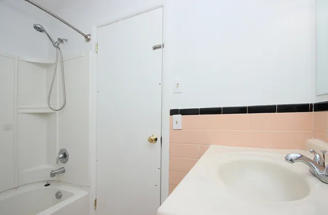 a bathroom with a bathtub and a shower