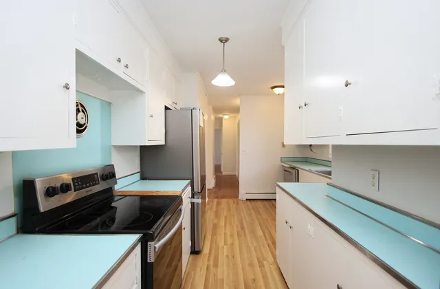 a kitchen with a stove a sink and a refrigerator