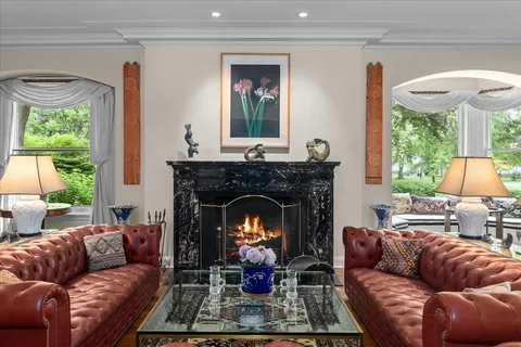 a living room with furniture a bookshelf and a fireplace
