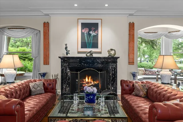 a living room with furniture a bookshelf and a fireplace