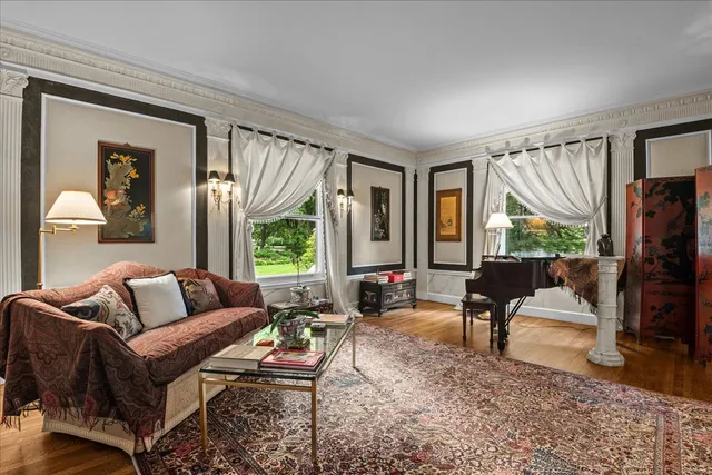 a living room with furniture and a potted plant