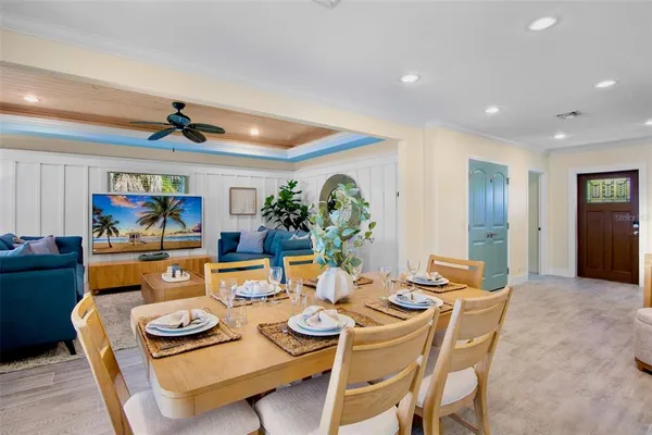a view of a dining room with furniture