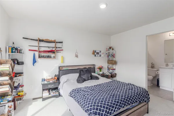 a bedroom with a bed and cabinets