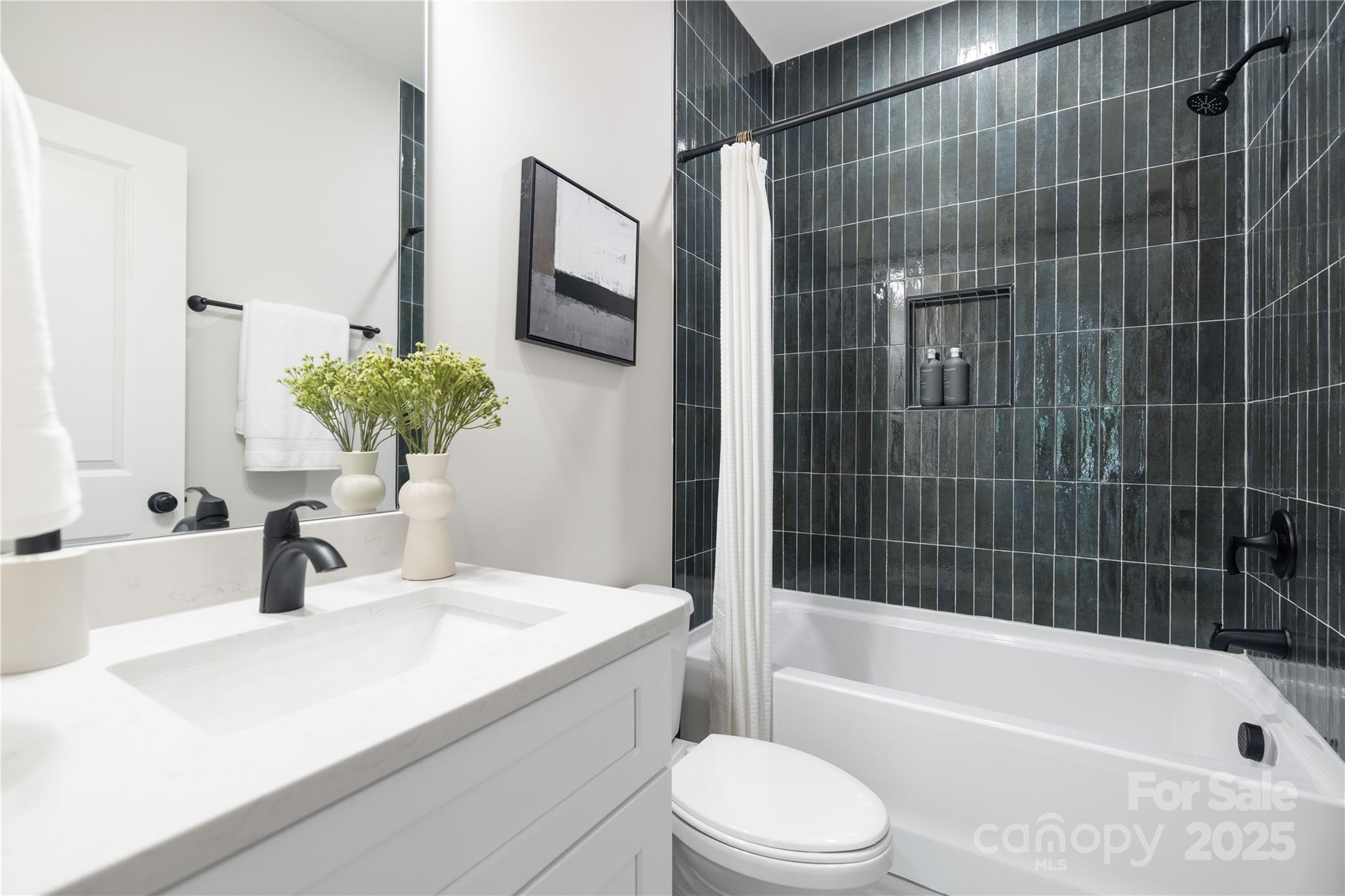 8937 Penstemons Drive Charlotte, NC 28215 - Photo 14 of 31 a bathroom with a sink a toilet a mirror a bathtub and shower