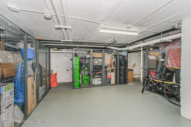 a view of a storage room with racks