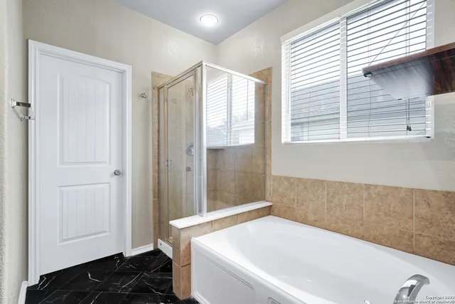 a bathroom with a bathtub and a shower