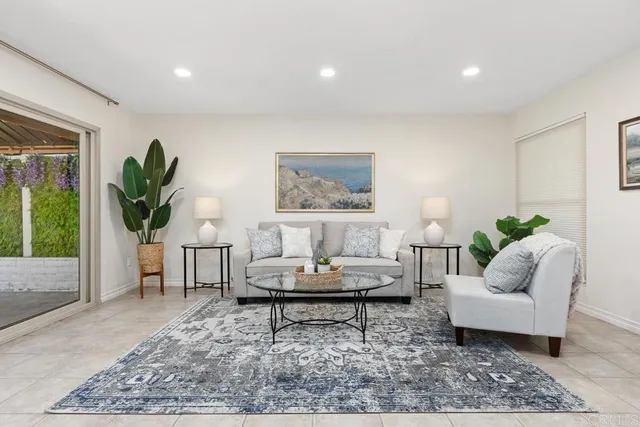 a living room with furniture and a potted plant