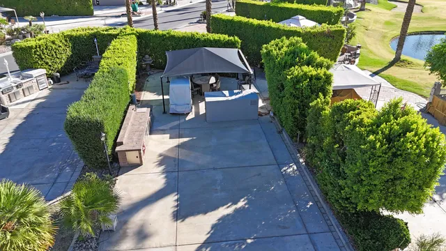 an aerial view of a house with garden