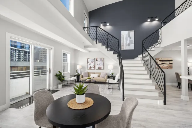 a view of a dining room with furniture