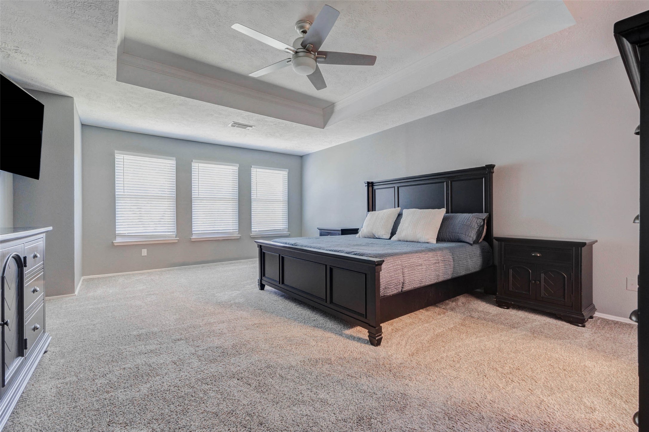 9215 Landry Boulevard Spring, TX 77379 - Photo 25 of 42 Welcome to the spacious primary retreat featuring a tray ceiling, ceiling fan, plush carpet, and three large windows that bring in abundant natural light while creating a bright and relaxing atmosphere.