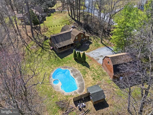 a view of a backyard with large trees