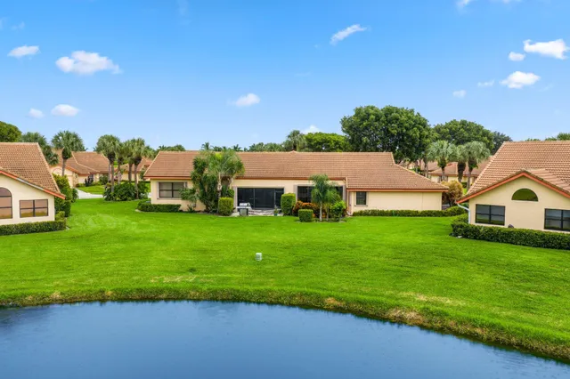a view of a house with a big yard potted plants and large tree
