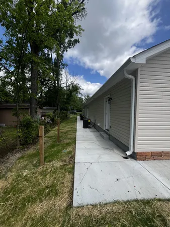 a backyard of a house with plants and large tree