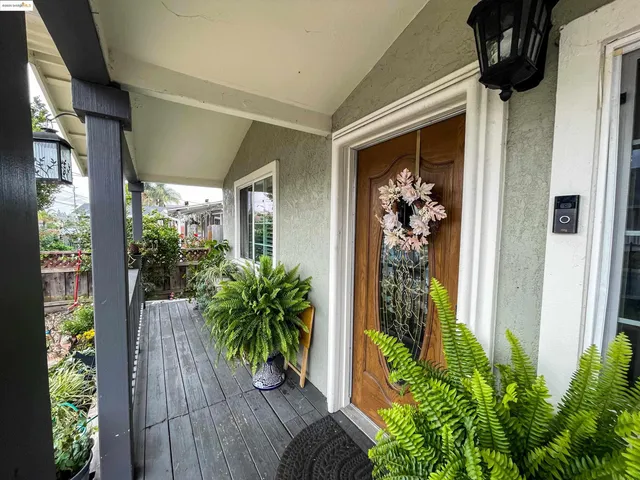 a view of front door with potted plants