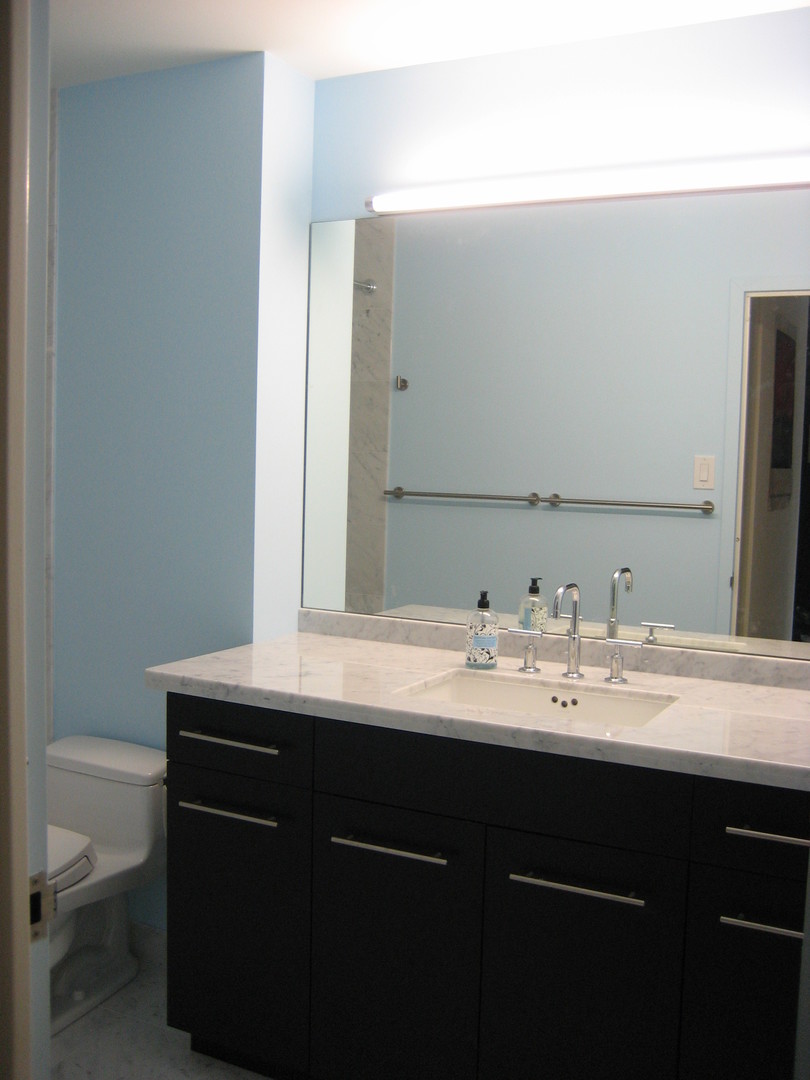 211 East Ohio Street, Unit 1013 Chicago, IL 60611 - Photo 11 of 12 a bathroom with a granite countertop sink and a mirror