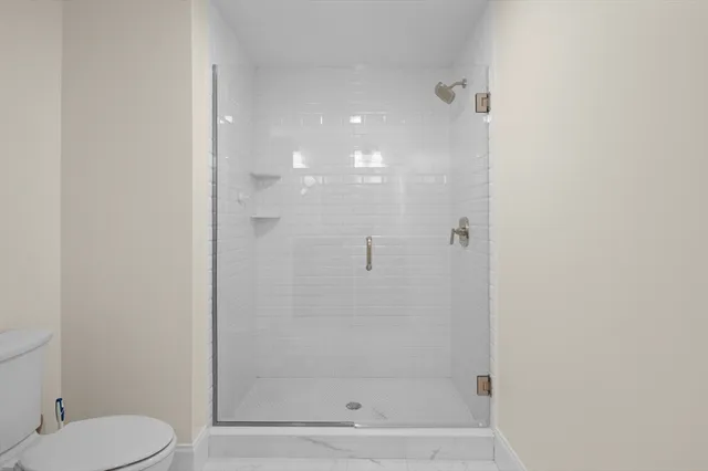 a bathroom with a shower and toilet