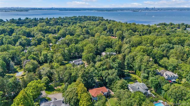 a view of a lush green forest with houses a lake and mountain view