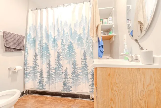 a bathroom with a sink and a mirror