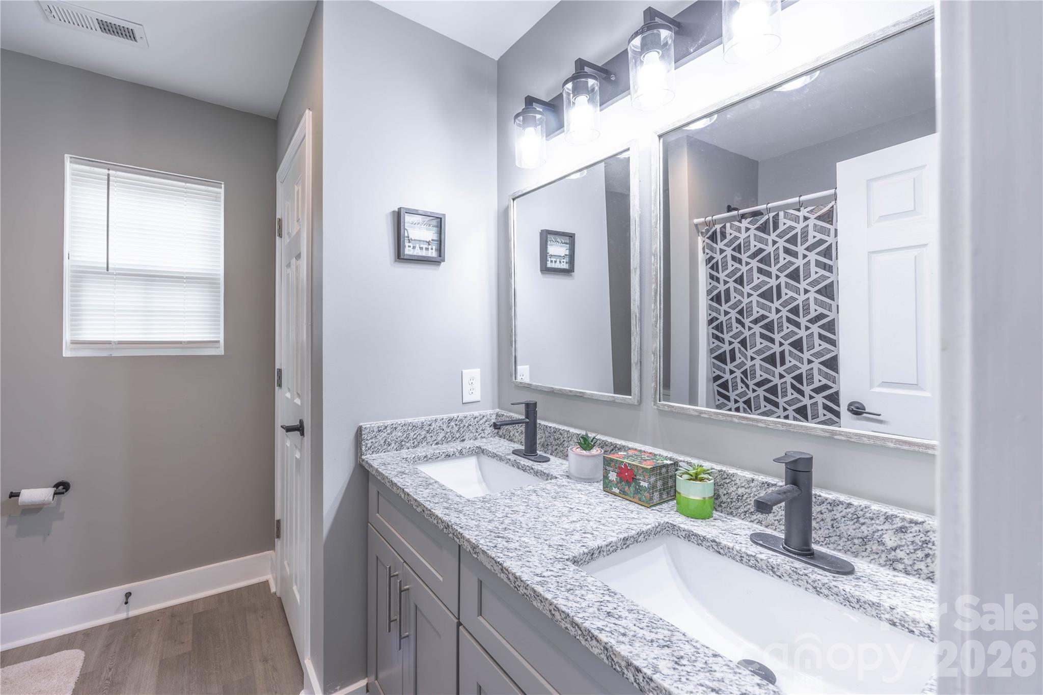 245 John Cline Road Cherryville, NC 28021 - Photo 19 of 29 a bathroom with a granite countertop sink a mirror a vanity and a shower