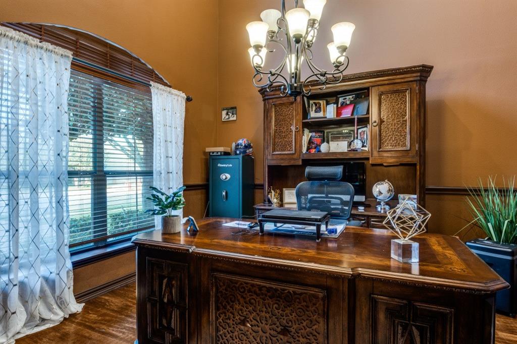 2810 Baker Street Sachse, TX 75048 - Photo 11 of 26 Office with a chandelier and dark wood-style floors