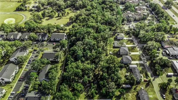 an aerial view of residential houses with outdoor space and trees