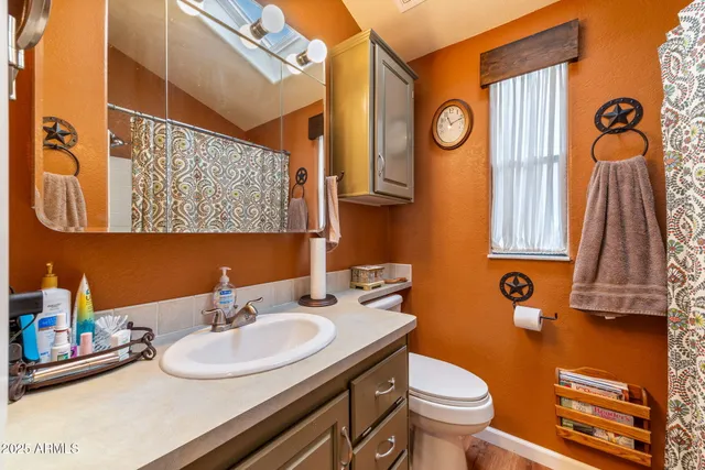 a bathroom with a sink a toilet and a mirror