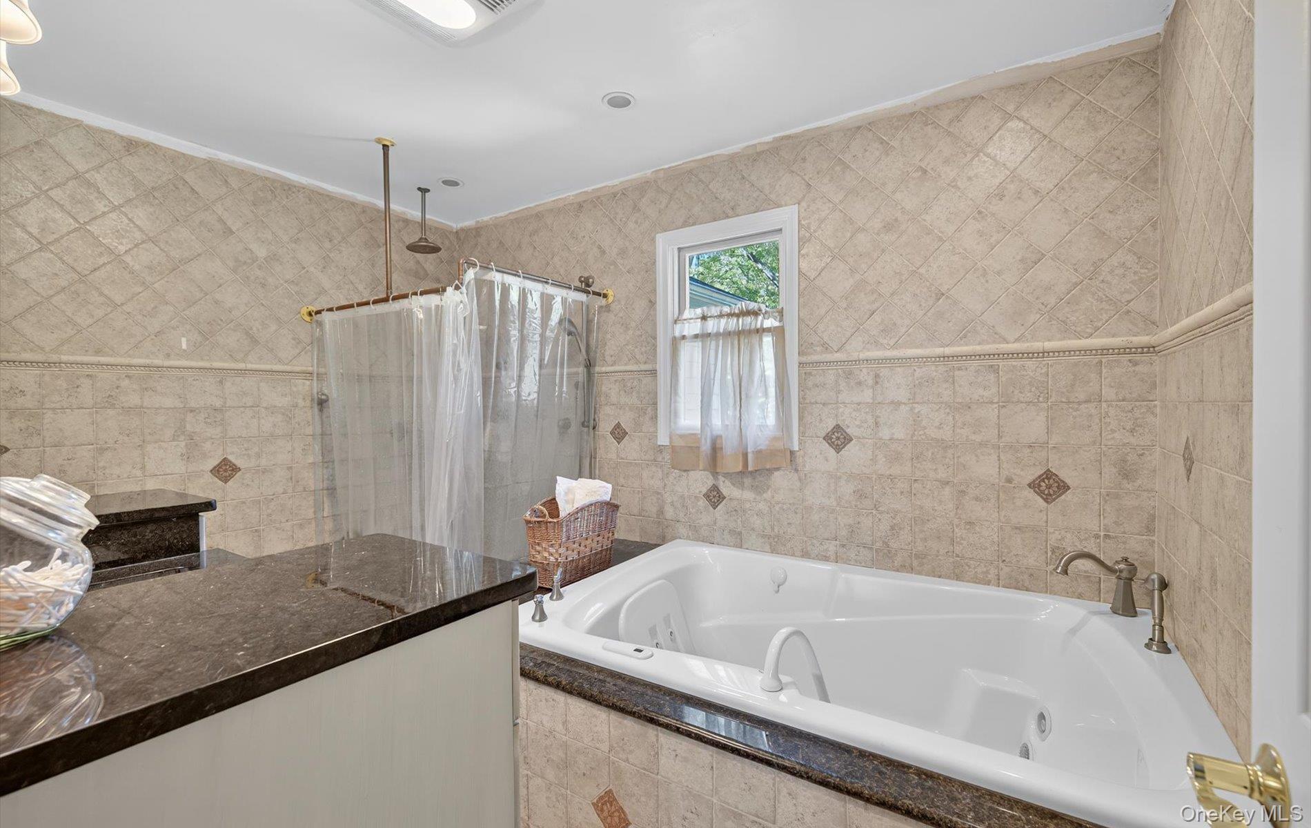 171 Dix Hills Road Dix Hills, NY 11746 - Photo 26 of 39 a bathroom with a granite countertop sink mirror bathtub and shower