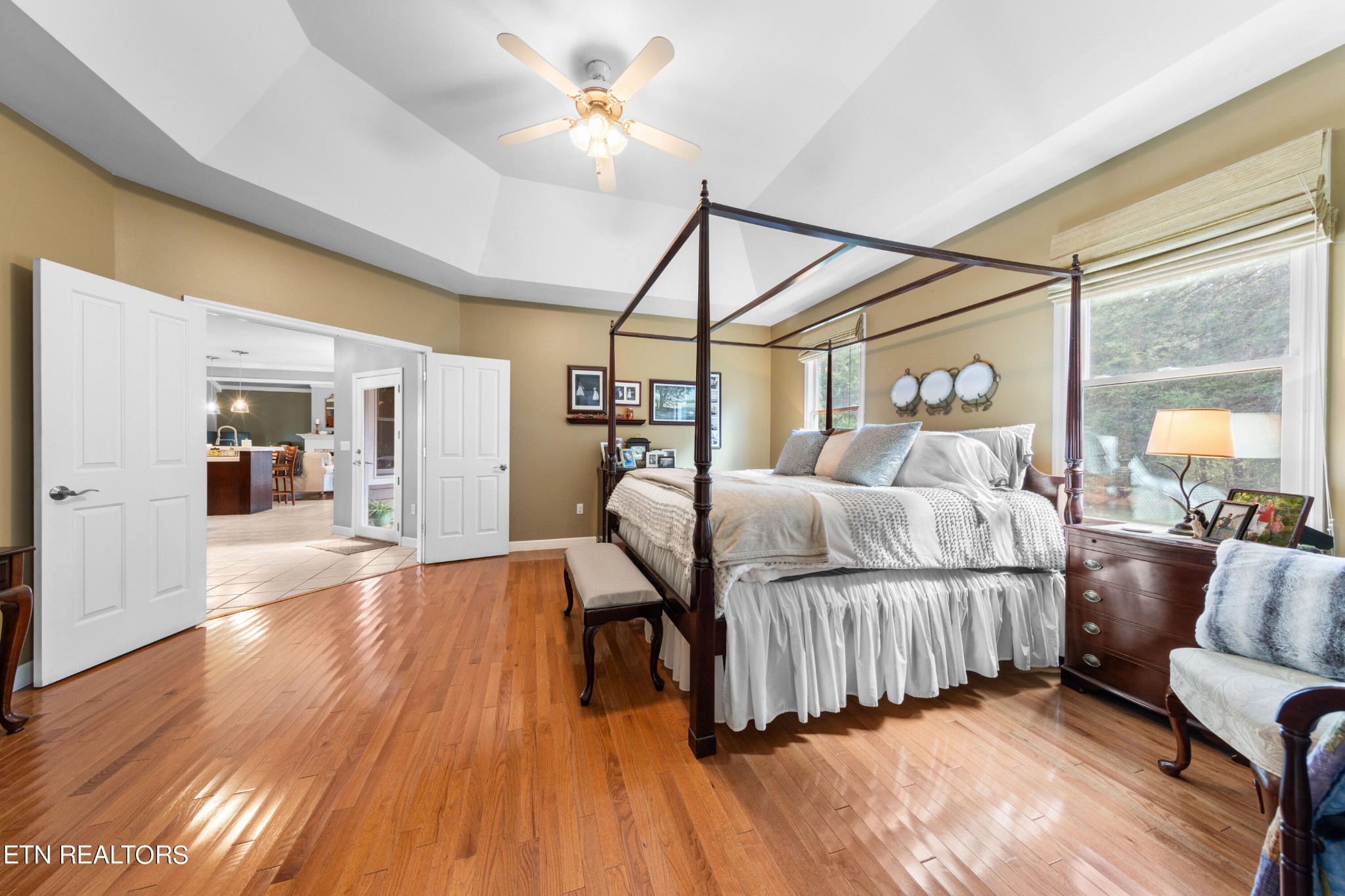 1443 West Dumplin Valley Road Dandridge, TN 37725 - Photo 29 of 51 a bedroom with a large bed a chandelier and windows