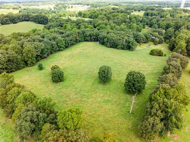 an aerial view of residential houses with outdoor space and trees