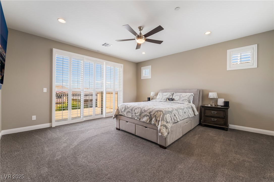 2575 Hazelburn Drive Henderson, NV 89044 - Photo 20 of 65 Bedroom featuring access to exterior, dark colored carpet, recessed lighting, and a ceiling fan