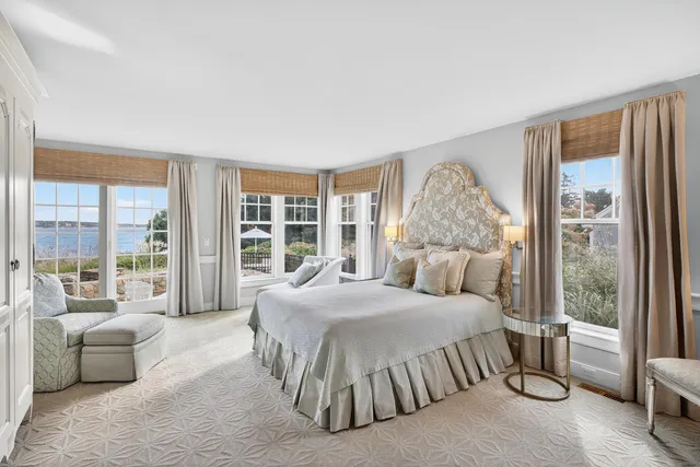 a spacious bedroom with a bed and a large window