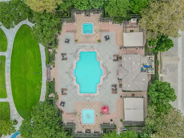 an aerial view of a swimming pool