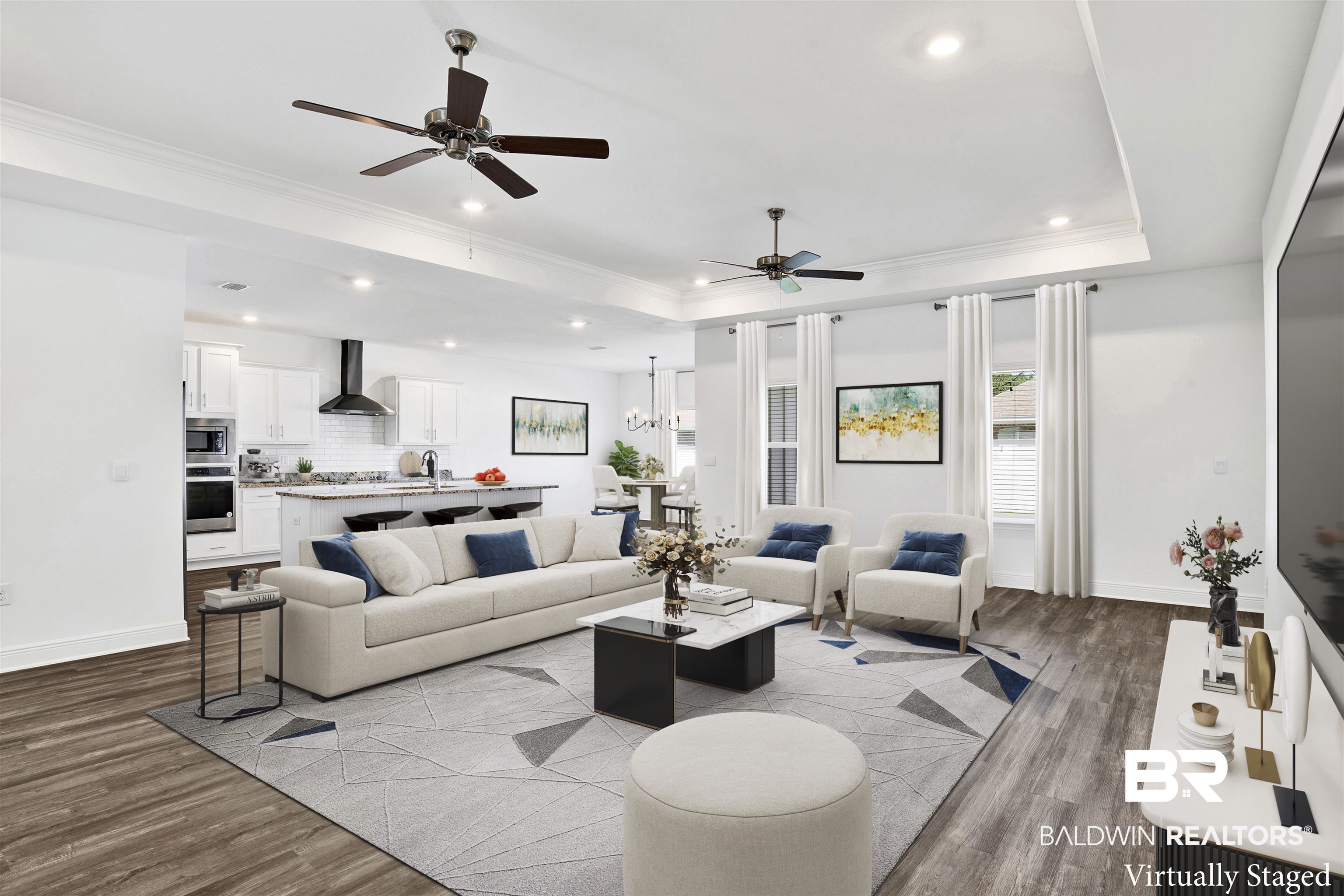 11602 Genuine Risk Circle Daphne, AL 36526 - Photo 6 of 30 Living area featuring a ceiling fan, light wood-style flooring, recessed lighting, ornamental molding, and a chandelier
