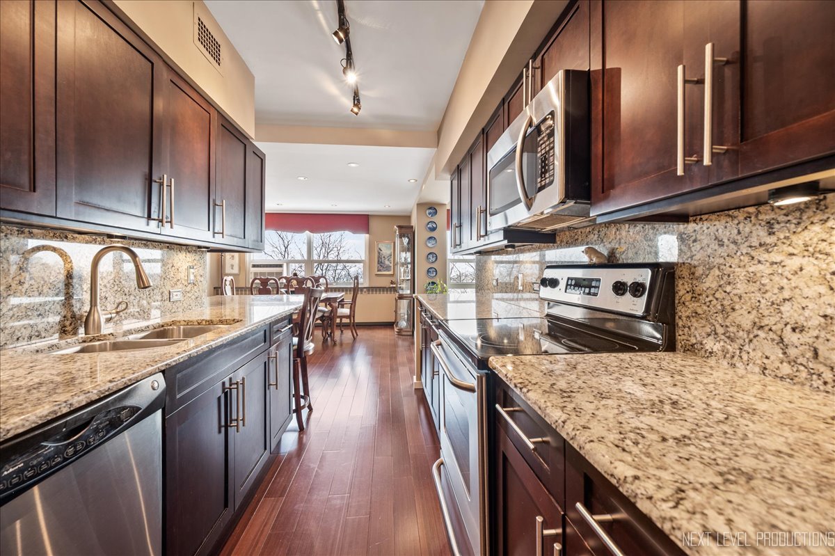 3180 North Lake Shore Drive, Unit 5E Chicago, IL 60657 - Photo 15 of 28 a kitchen with stainless steel appliances granite countertop wooden cabinets a stove top oven a sink and dishwasher