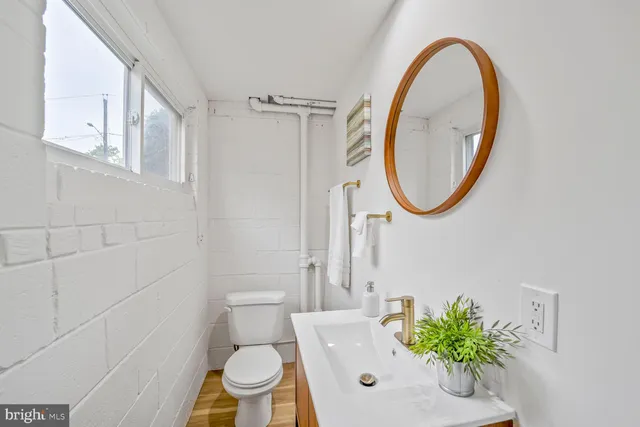 a bathroom with a sink a toilet and a mirror
