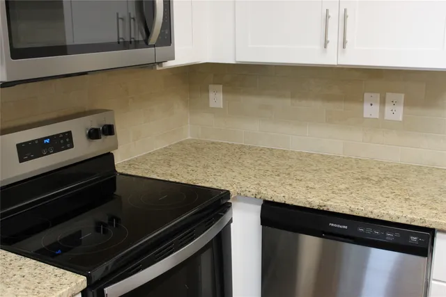 a close view of stove and microwave