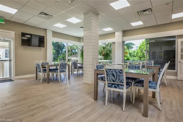a view of a dining room with furniture window and outside view