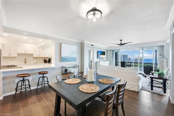 a view of a dining room with furniture window and wooden floor