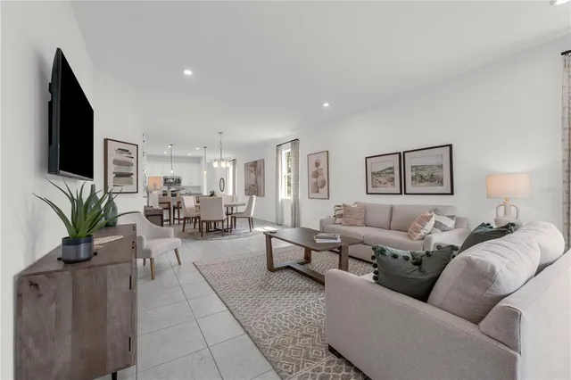 a living room with furniture a flat screen tv and a potted plant
