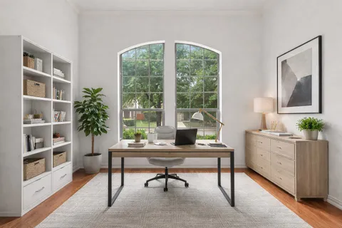 a work room with furniture and a potted plant