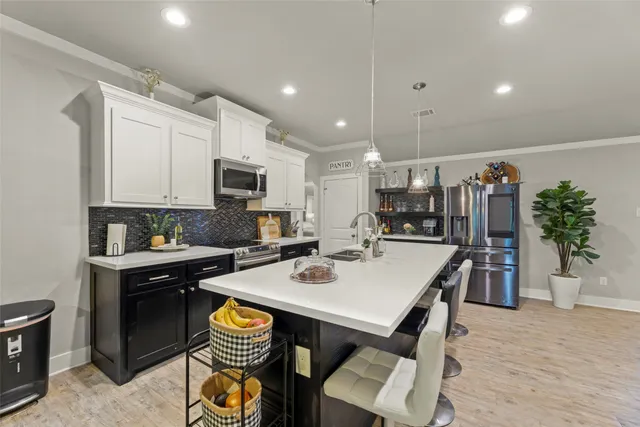 a view of a dining room with furniture