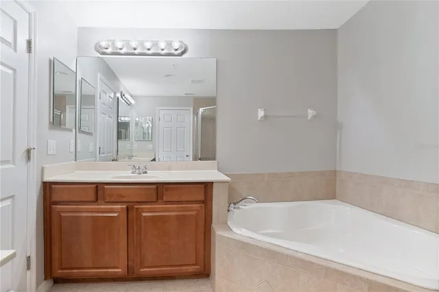 a bathroom with a tub sink and mirror