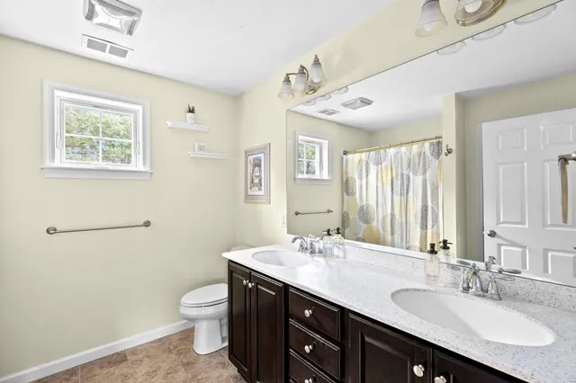 a bathroom with a double vanity sink toilet and a mirror
