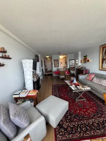 a living room with furniture a rug and a lamp