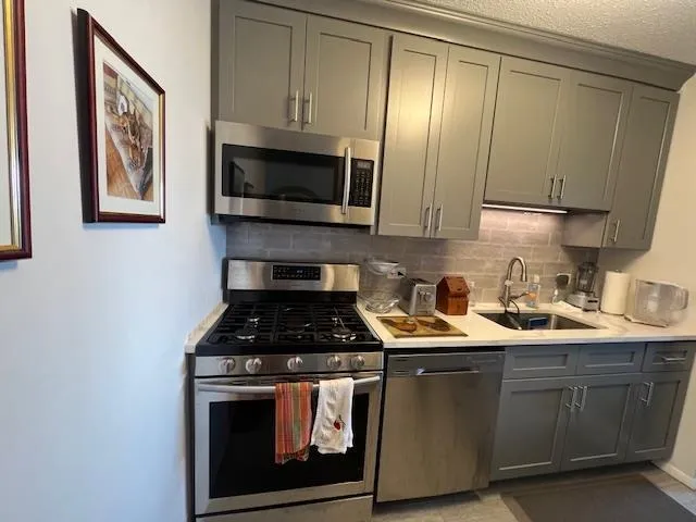 a kitchen with stainless steel appliances granite countertop a stove a sink and a microwave