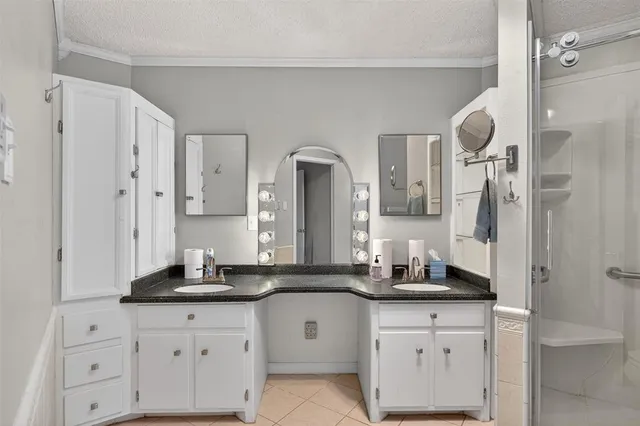 a bathroom with a granite countertop sink mirror and a shower